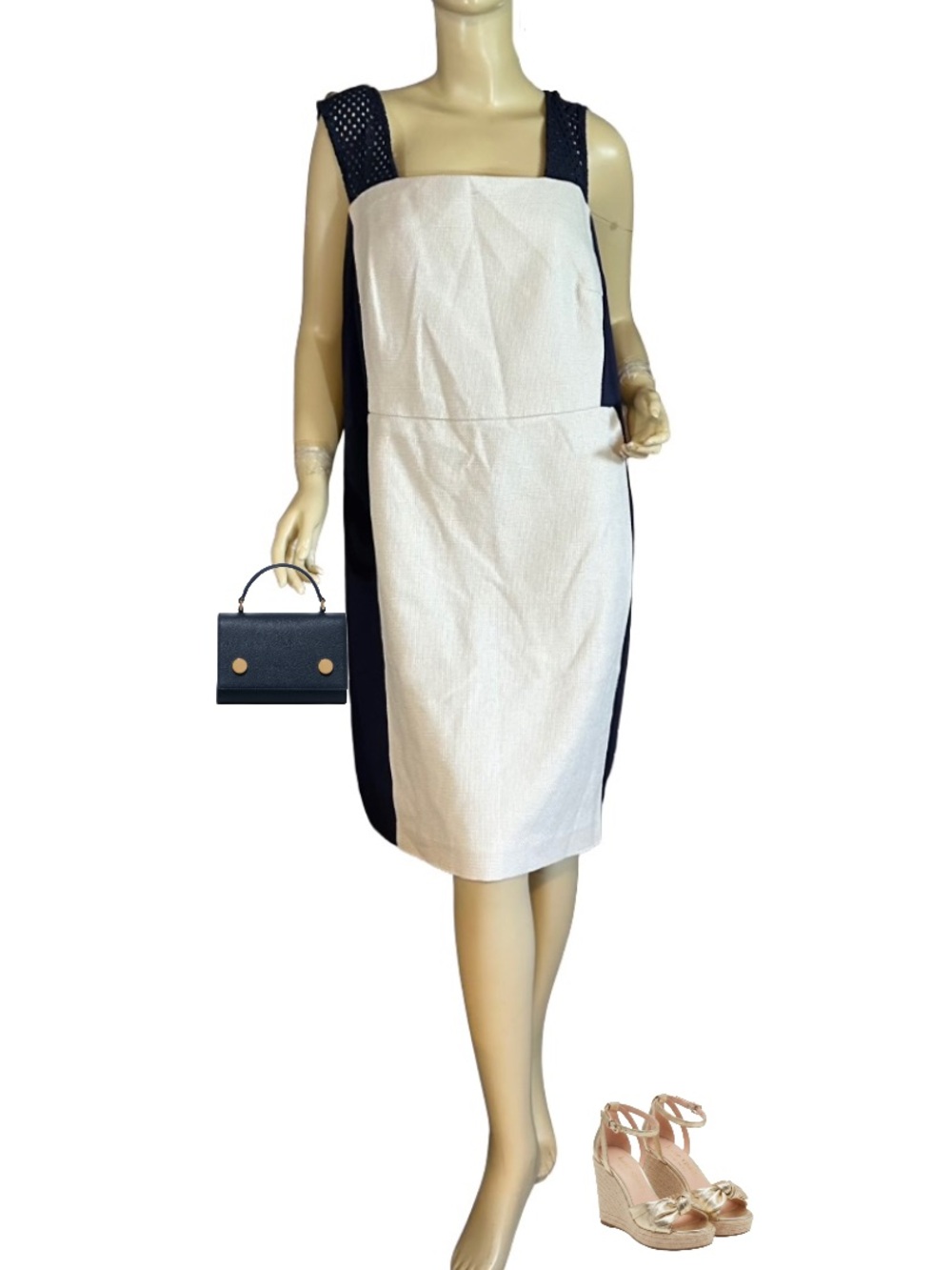 DKNYC DARK NAVY BLUE & BEIGE PERFORATED SLEEVE SHIFT DRESS (1X)